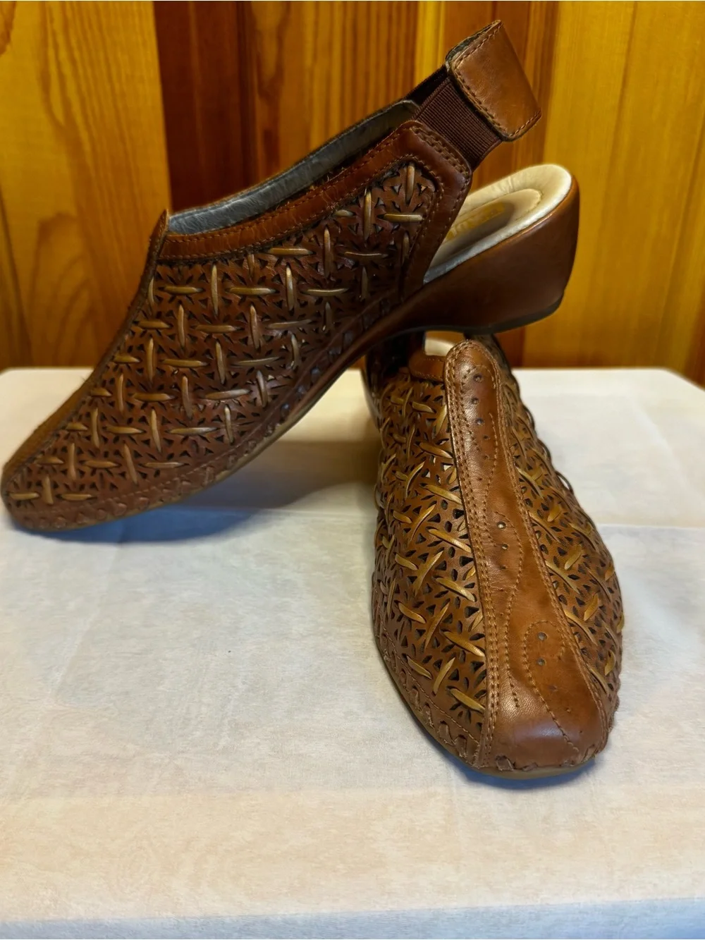 PIKOLINOS Tan Brown Woven Leather Slingback Wedges